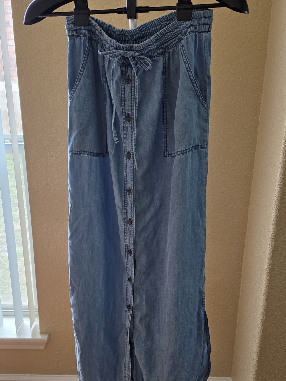 C&C California Light Blue Denim Maxi Skirt with Drawstring Waist Size Small